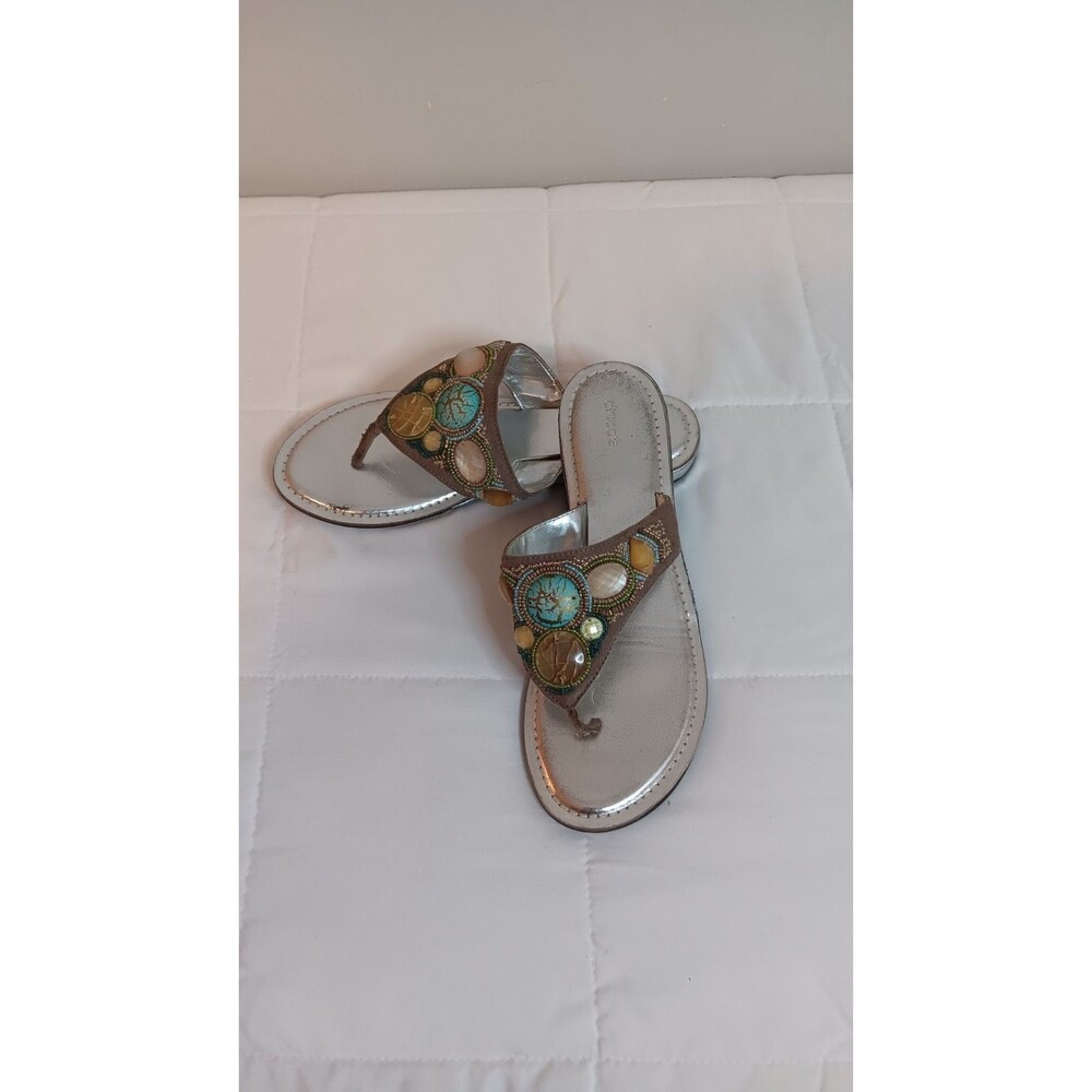 Chico's Silver Flip Flop Sandals Sz 8 Turquoise Stone Detail